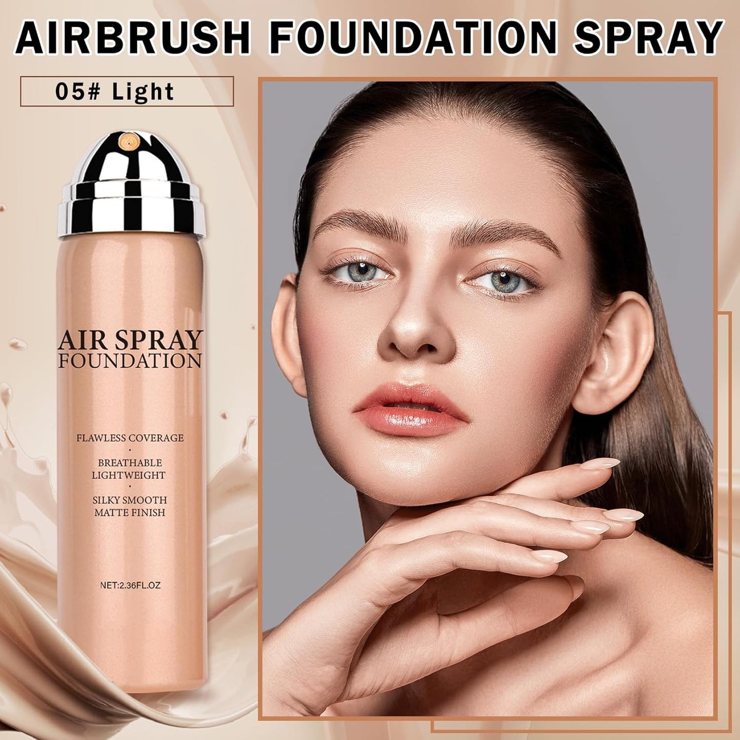Airbrush Foundation Makeup Spray Full Coverage Foundation for Mature Skin,Long-lasting Airbrush Flawless Setting Spray,Waterproof Foundation for Smooth Radiant Skin (05 Light)