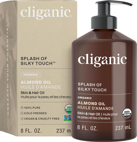 Cliganic Organic Sweet Almond Oil, 100% Pure (8oz) - for Skin & Hair, Nourishing Carrier Oil for Face & Body