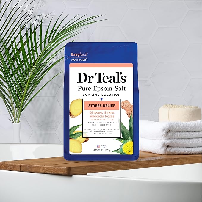 Dr Teal's Pure Epsom Salt Stress Relief with Ginseng & Ginger Essential Oils, 3 lbs (Pack of 4)