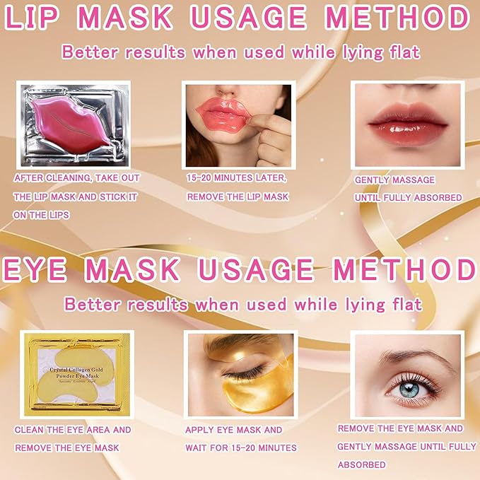 40 Pairs Eye Mask & Lip Mask, Moisturizing Lip Masks, 24K Gold Gel Crystal Collagen Under Eye Patches for Dark Circles, Wrinkles, Eye Bags and Fine Lines