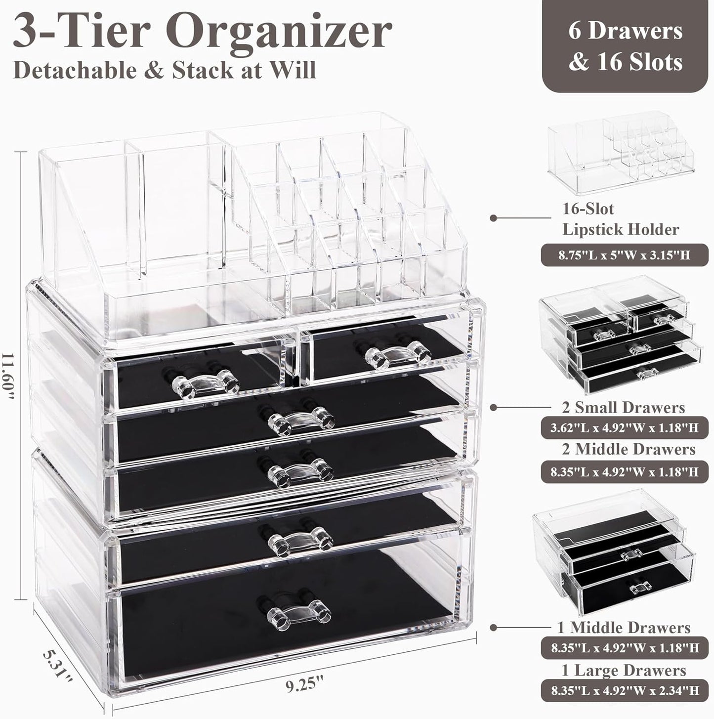 Sea Team 3-Layer Stackable Clear Makeup Organizer with Drawers, Acrylic Plastic Cosmetic Display Case, Jewelry Storage Box for Dresser, Bathroom, Vanity, Countertop (6 Drawers, 1 Lipstick Holder)