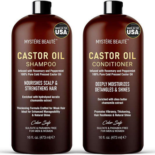 Castor Oil Shampoo and Conditioner - Sulfate Free with Peppermint Oil, Lavender and Rosemary - Castor Oil Shampoo for Hair Growth - Hydrating and Nourishing - 16 oz each