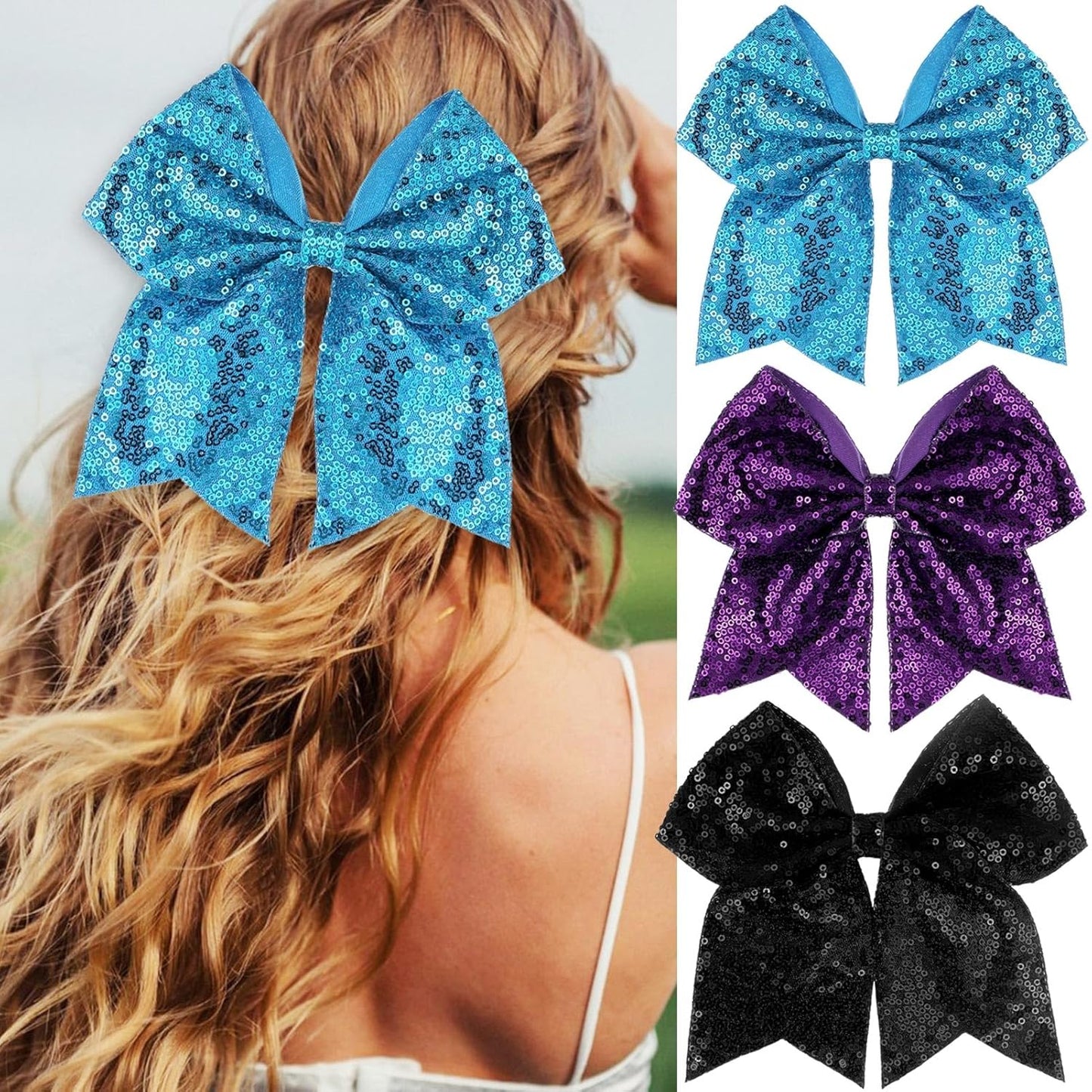 Large Big 7 Inch Glitter Bow Clip Sequin Bling Party Hair Accessories for Women Teens Girls Kids 3 Pcs (Blue, Purple, Black)