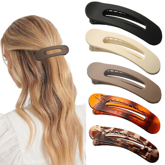 5 Pcs Flat Hair Clips, Large Lay Flat Claw Clips for Women Girls,Strong Hold Non-slip Matte Hair Claws for Thick Thin Hair(Black&Tortoise)