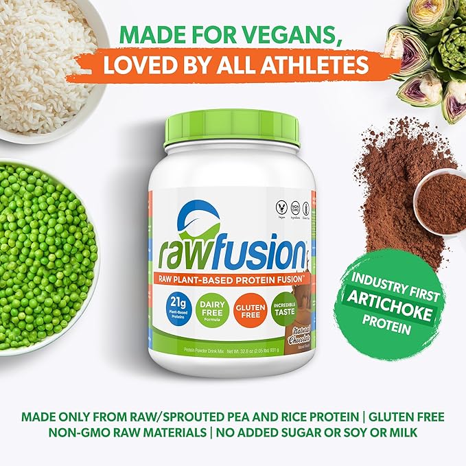 Rawfusion- Vegan Protein Powder, Natural Chocolate - 30 Servings, 21g of Plant Based Protein, Low Net Carbs, Non-Dairy, Gluten/Lactose Free, Soy Free, Kosher, Non-GMO, 2lbs Pound