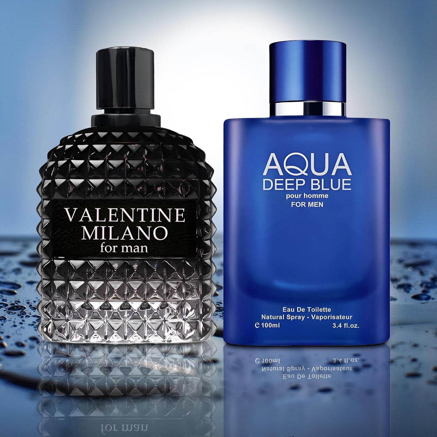 Valentine Milano/Aqua Deep Blue 2PCS Eau De Toilette for Men-Fresh, Romantic Scent Perfume for Men 3.4 Fl Oz Each Mens Cologne For All Skin Daily Used