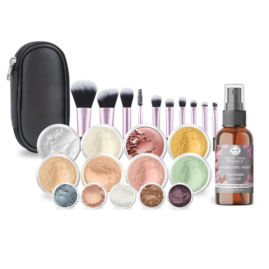 ULTIMATE KIT (WARM- Neutral Shade, Most Popular) Full Size Mineral Makeup Set Matte Foundation Kit Bare Face Sheer Powder Cover