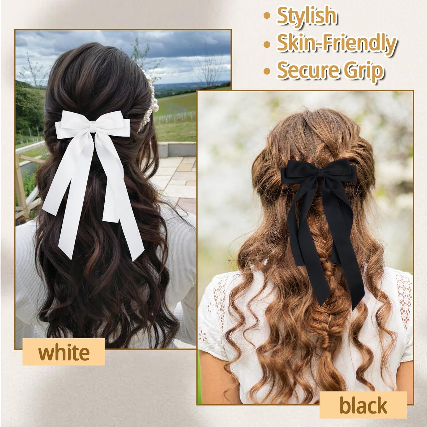 Bow Hair Clips 2PCS Set for Women and Girls - Black White Ribbon Bows for Hair, with Long Tail, Alligator Clip (Black & White)