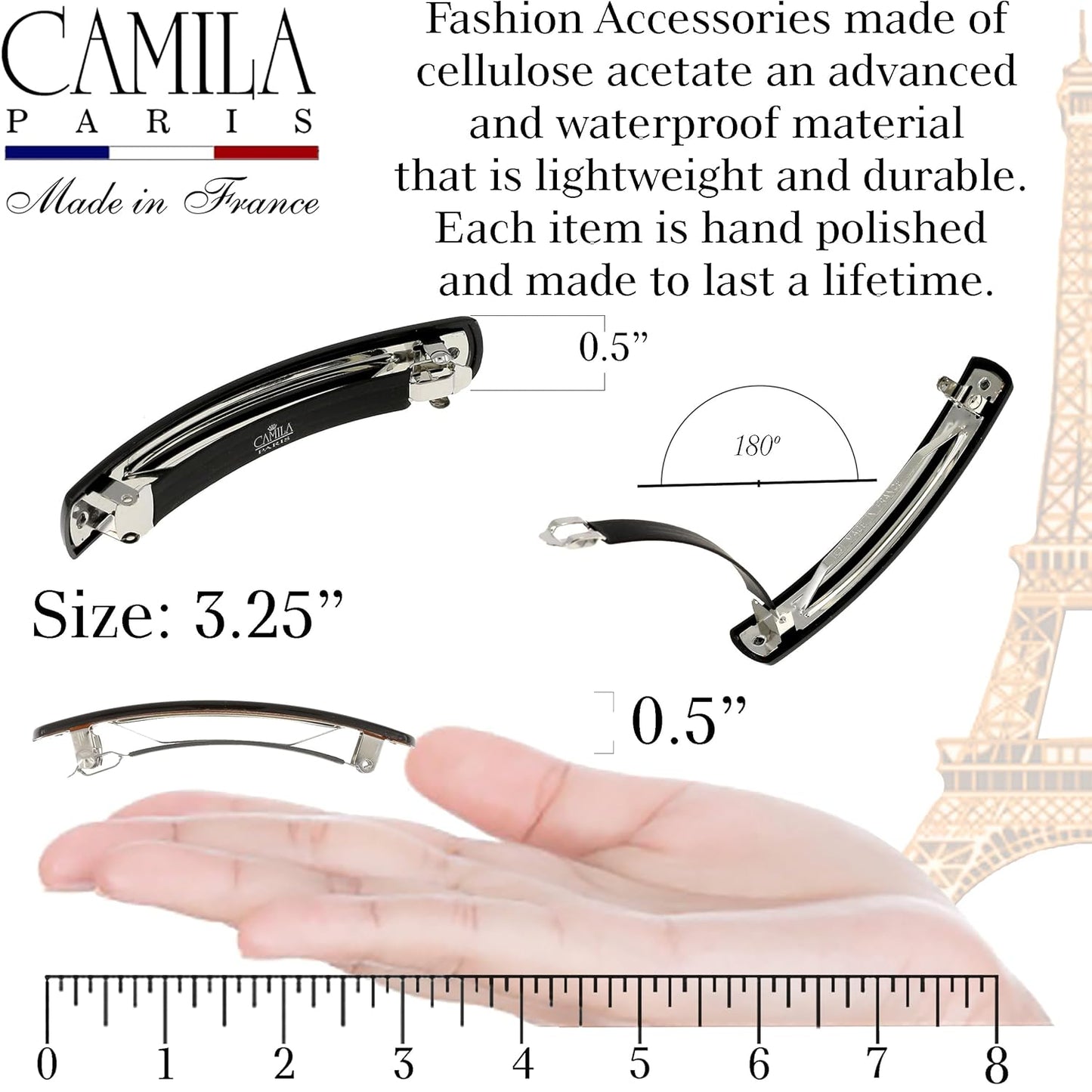 Camila Paris CP3557 French Hair Barrette Clip for Girls, Tortoise Shell, Automatic Metal Clasp Strong Hold Grip Hair Clips for Women, No Slip Durable Styling Girls Hair Accessories, Made in France