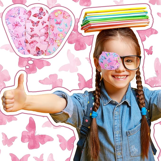 Newcotte 12 Pcs Eye Patch for Kids Toddler Reusable Adjustable Girls Boys Eyepatch for Glasses Left or Right Eye Patch, Assorted Patterns(Butterfly)