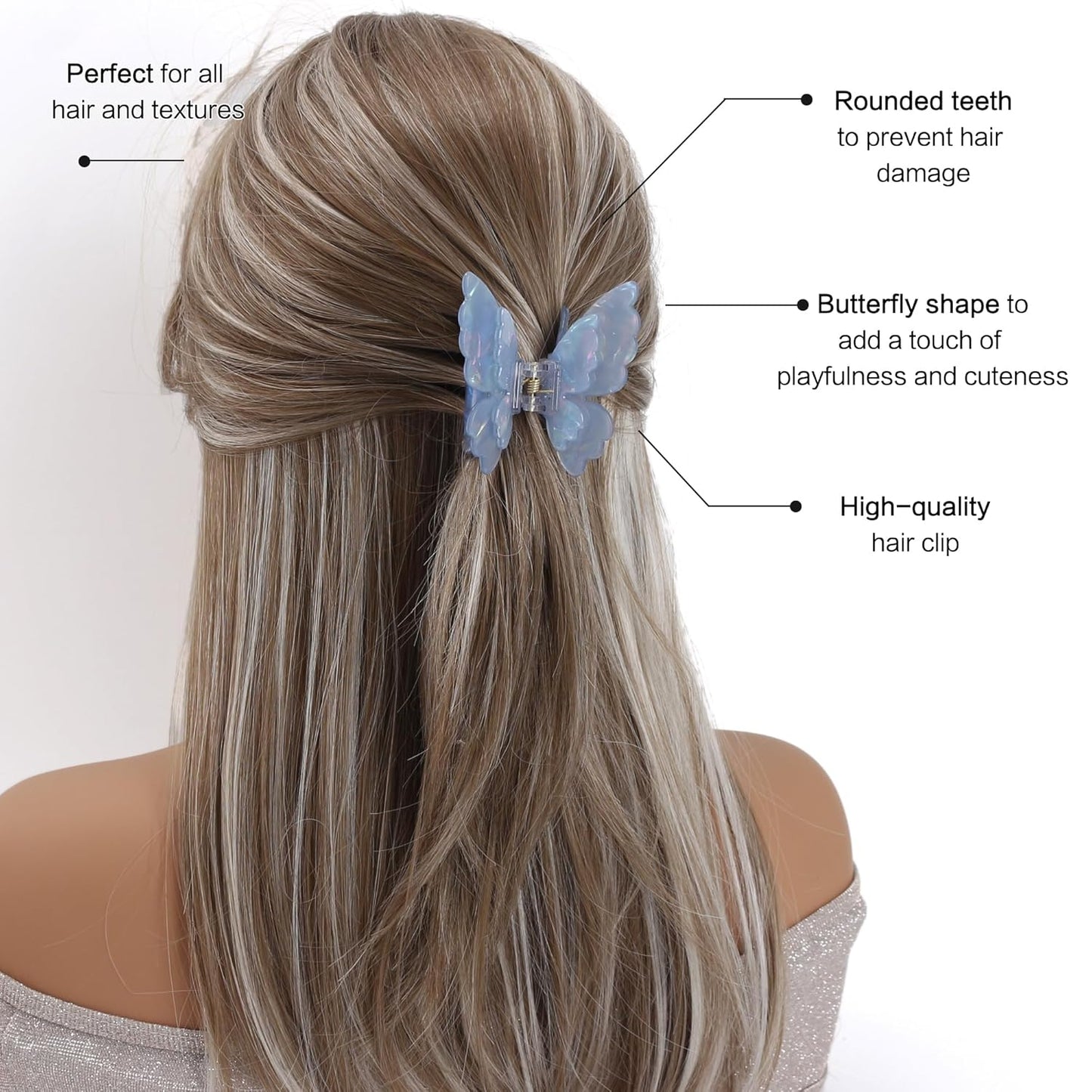 3 Packs Butterfly Hair Clips Acetate Tortoise Shell Non-Slip Jaw Clips 2.5inch, Beautiful Butterfly Hair Accessories for Girls and Women(Mixed color, White, Blue, Pink)