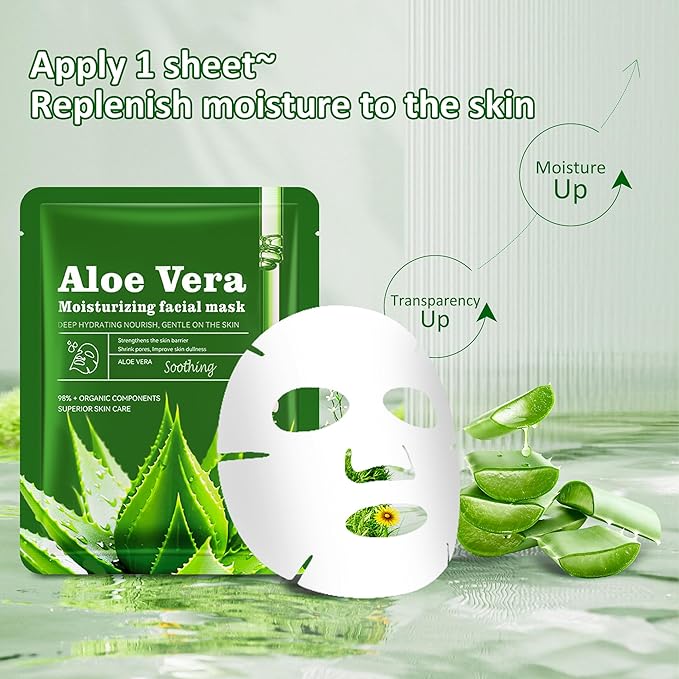Aloe Vera Soothing Mask Hydrating Face Masks Skincare Moisturizing Facial Sheet Mask Skin care for Dry, Oily, Sensitive Skin Face Mask for Acne, Sun Care, Calming, 25ml/0.88oz, Pack of 10