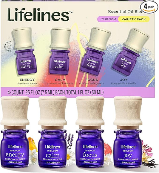 Lifelines Essential Oil Blends, 4-Pack - Blended Essential Oils with Precision Pump for Aromatherapy Diffusers - Long-Lasting Scented Fragrance - in Bloom (Joy, Calm, Focus & Energy)
