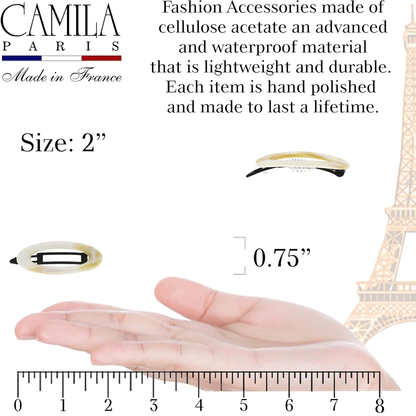 Camila Paris CP1994/2 French Hair Barrette Clip for Women, Handmade, Side Slide-in Metal-Free Closure Strong Hold Grip Hair Clips for Girls, No Slip Durable Styling Hair Accessories, Made in France
