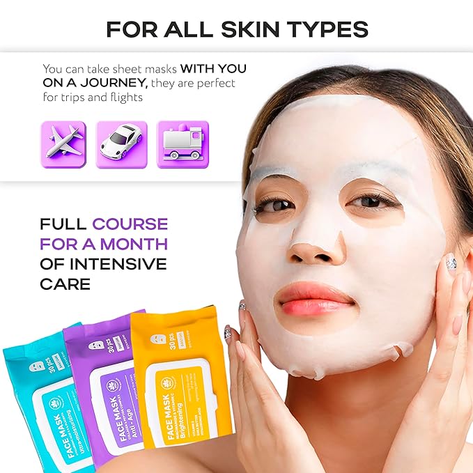 Korean Collagen Face Mask Set - 30-Pack Premium Sheet Masks with Peptide Complex - Advanced K-Beauty Skincare System - Complete Monthly Supply for Daily Care - Intensive Hydrating Facial Facemasks