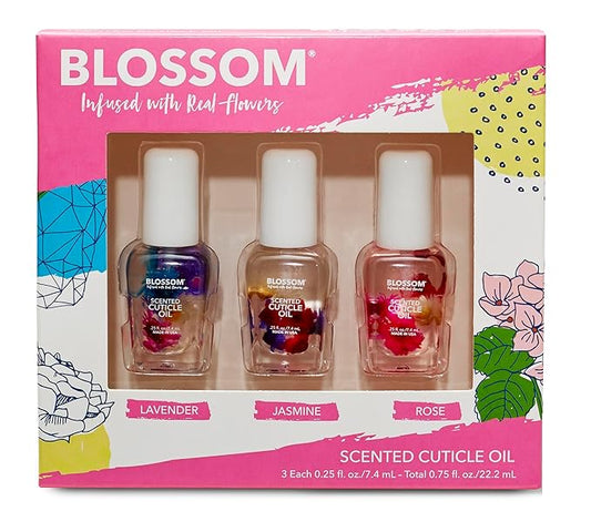 Blossom Cuticle Oil for Nails, Hydrating, Moisturizing, Scented Nail Oil Cuticle Care, Infused with Real Flowers, Made in USA, 0.75oz, 3 pack, Mini Gift Set, Lavender/Jasmine/Rose
