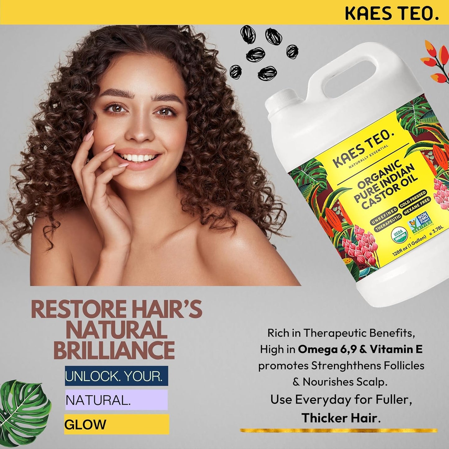 Organic Castor Oil 1 Gallon (128 fl oz) Bulk, 100% Pure Cold-Pressed, Hexane Free, Eyelash, Eyebrow & Hair Growth Serum, Skin Moisturizer, Massage, Hair Loss, Dandruff, Detox and Wraps