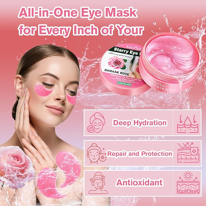 Rose Eye Patches 2-Pack (120 PCS), Hydrating & Soothing Eye Mask Skincare, Anti-Aging Collagen Eye Gel, Under Eye Patches for Puffiness | Alcohol-free & Phthalates-free
