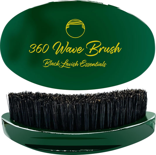 360 Wave Brush, Build Deeper Waves, Soft & Hard Boar Bristle Curved Brush, Black Lavish Essentials Signature (Emerald Green, Medium-Hard)