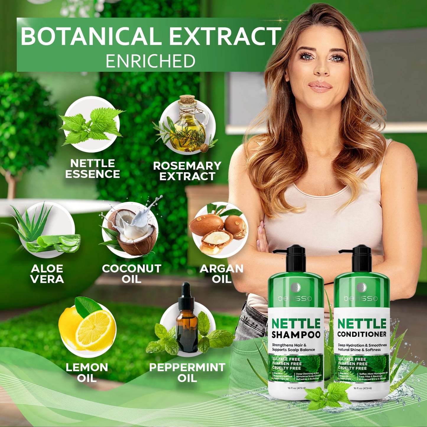 Nettle Shampoo and Conditioner Set - Sulfate Free to Boost Volume - Thickening, Strengthening, Volumizing Formula for Fine and Thinning Hair Women and Men - 16 Fl Oz (Pack of 2)