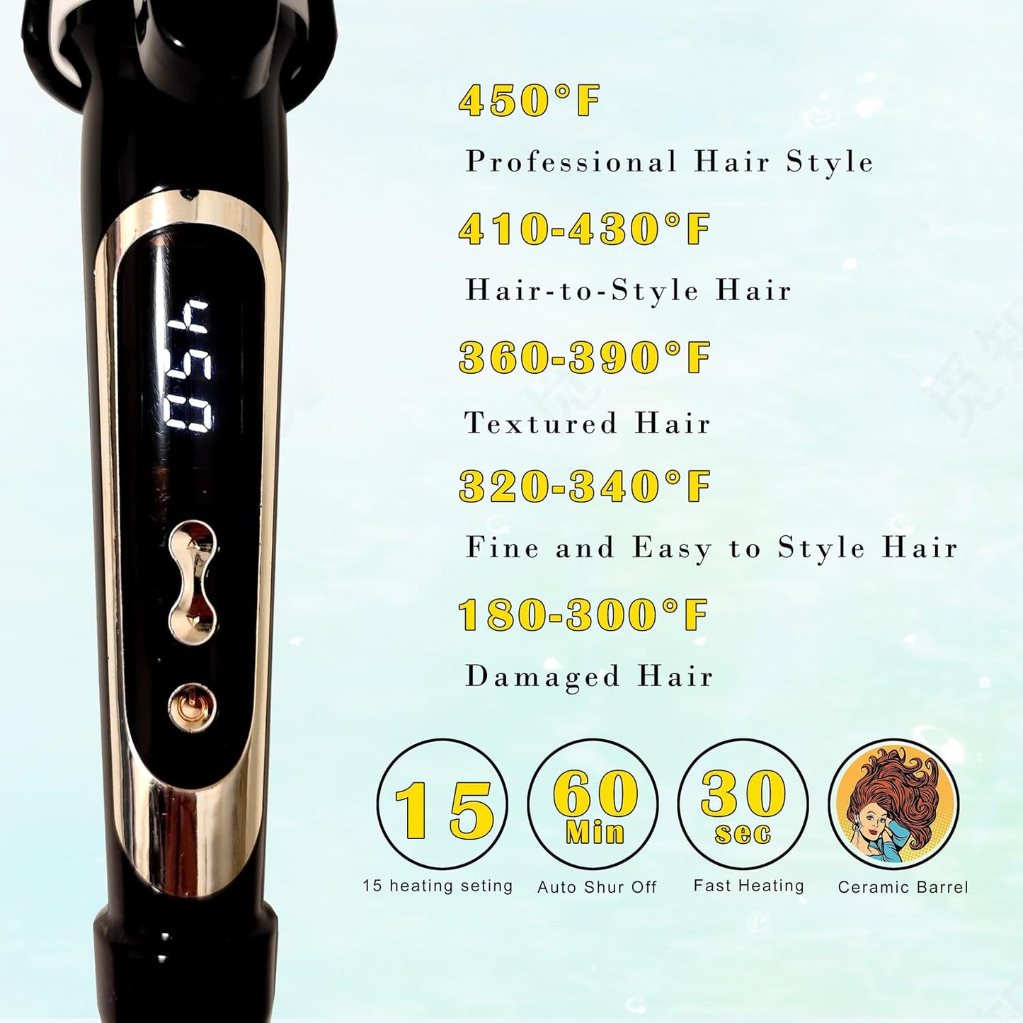 abp 1 Inch Curling Iron Extra Long Barrel with Ceramic Coating for Long/Medium Hair,LED Display Instant Heat up to 450°F with clamp,Hair Waving Style Tool Girls & Women