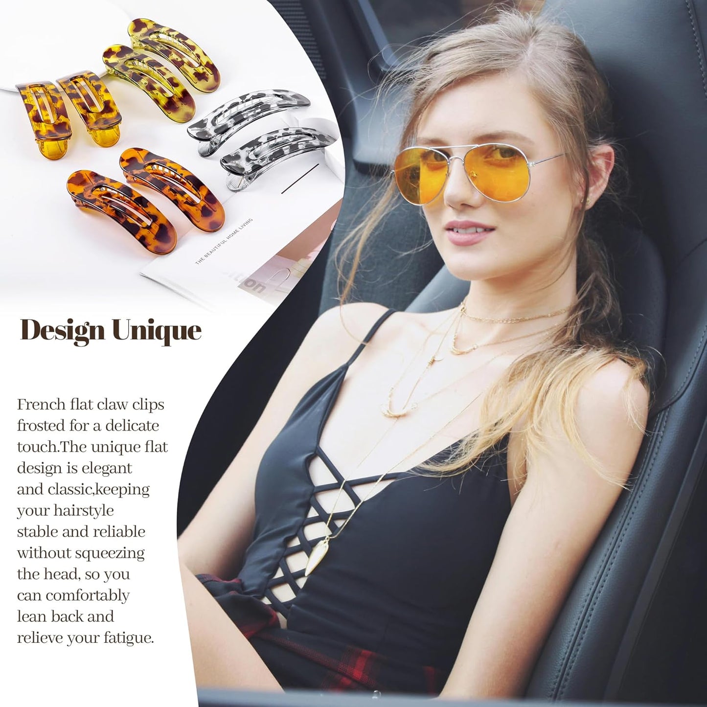 8 Pcs Large Lay Flat Claw Clips for Women French Side Slide Barrettes for Thin Fine Hair Rectangle Alligator Hair Accessories,Bright Tortoiseshell