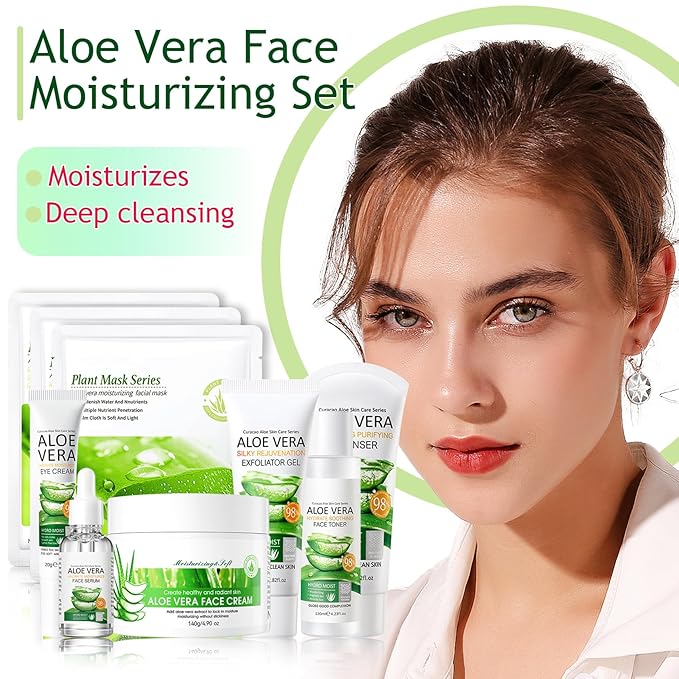 Aloe Vera Skincare Set,Hydrating Travel Size Face Wash,Moisturizing Face Toner & Face Serum & Face Cream,Eye Cream Skin Care Gift Set for Women（9PCS)