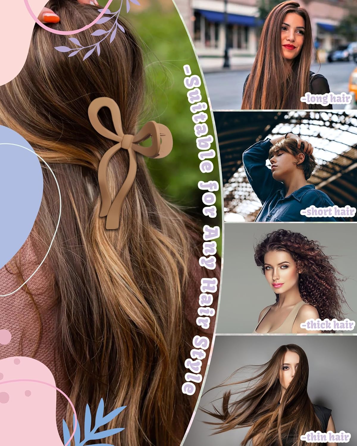 4 PCS Bow Hair Clips Bow Claw Clip for Women Nonslip Large Hair Claw Clips for Thin and Thick Hair Strong Hold Hair Bows (Black+Dark brown+Khaki+Light brown)