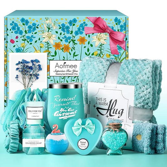Birthday Gifts for Women, Thinking of You Gift Care Package with Luxury Flannel Blanket for Women Mom Her Wife Friends Sister, Blue Self Care Spa Relaxing Baskets for Christmas Valentines Mothers Day