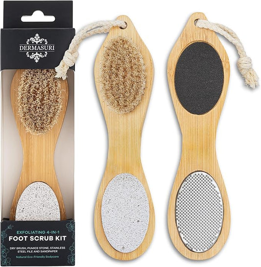 Dermasuri 4 in 1 Exfoliating Foot Scrub Kit - Multi Purpose Foot Care - Natural Bamboo Pedicure Foot Spa Kit - Pumice Stone Callus Remover, Stainless Steel File, Sand Paper Surface, & Dry Brush