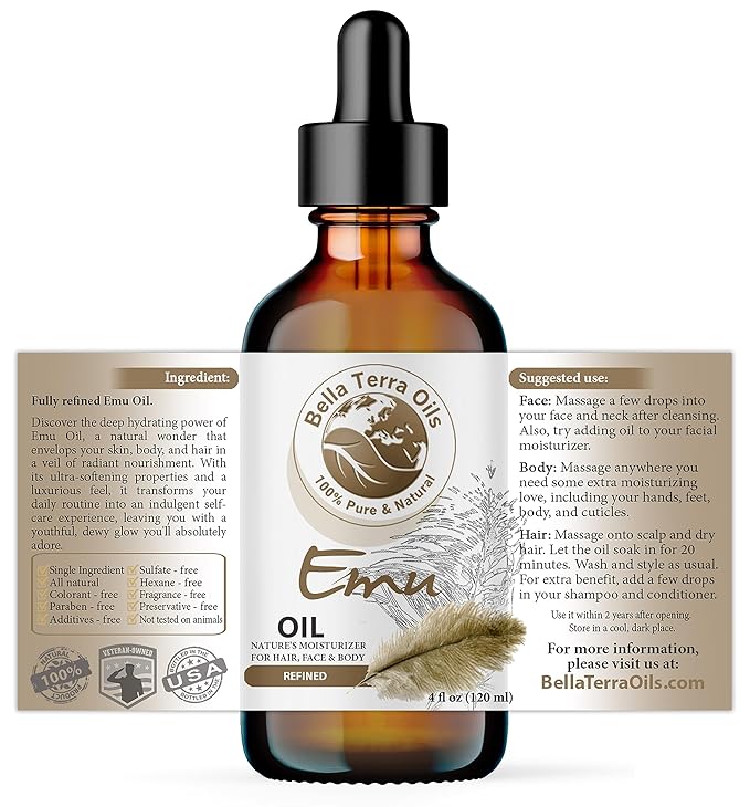 Bella Terra Oils - Emu Oil 4oz - The Ultimate Australian Emu Elixir, Packed with Essential Fatty Acids and Vitamins, Timeless Beauty's Secret Ingredient