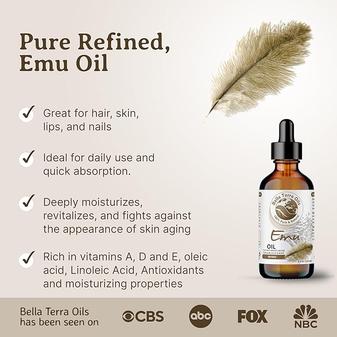 Bella Terra Oils - Emu Oil 4oz - The Ultimate Australian Emu Elixir, Packed with Essential Fatty Acids and Vitamins, Timeless Beauty's Secret Ingredient