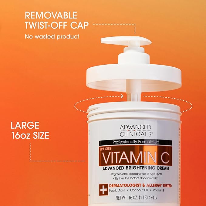 Advanced Clinicals Vitamin C Cream Visibly Brightening Body Lotion | Vitamin C Moisturizer Skin Care Body Cream For Women & Men Helps Visibly Improve Look Of Dark Spots & Uneven Skin Tone, 16 Ounce