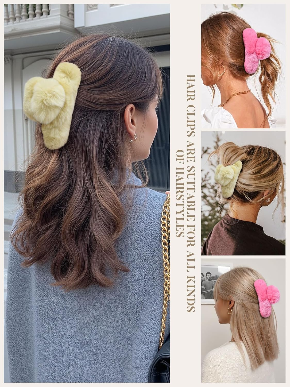 ACECHA 2 Pack Large Fluffy Fuzzy Hair Claw Clips for Women, 5.9" Winter Fur Furry Hairclips, Soft Plush Aesthetic Hair Accessories for Christmas Halloween New Year Party (Green & Hot pink)