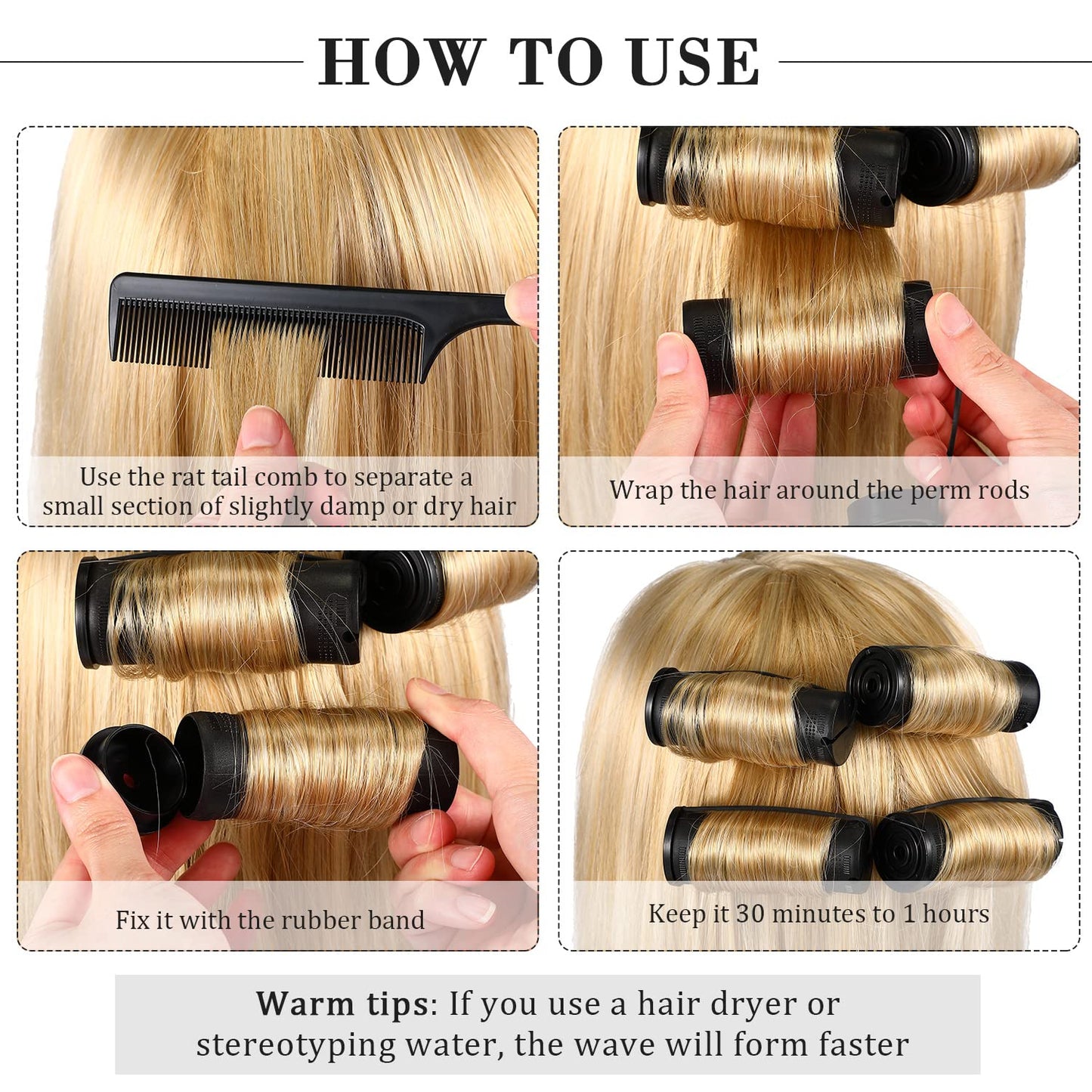 24 Pieces Hair Perm Rods Plastic Cold Wave Perming Curlers Hair Rollers with Steel Pintail Comb Rat Tail Comb Tools for Hairdressing Styling(Black,1.18 Inches)