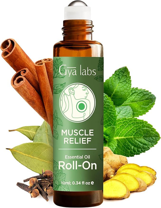 Gya Labs Deep Muscle Relief Essential Oil Roll on - Blended with Soothing Cinnamon, Energizing Ginger Oil & More - Natural Aromatherapy for Sore Muscles & Tension, Travel Size (0.34 Fl Oz)