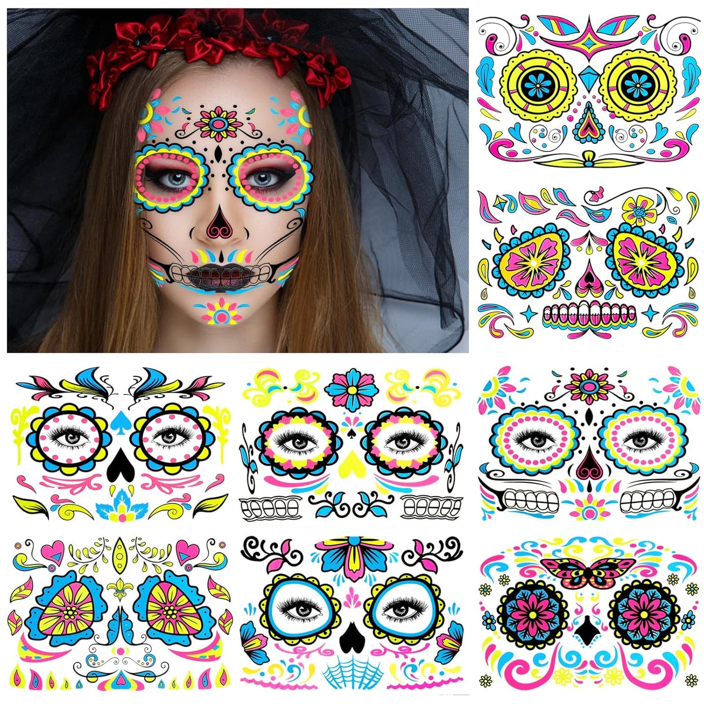 HOWAF Neon Day of The Dead Temporary Tattoos 8 Pairs Face Mask Tattoos, Glow UV Neon Dia De Los Muertos Sugar Skull Face Body Tattoos Sticker for Halloween Mexican Makeup Cosplay Party Supplies