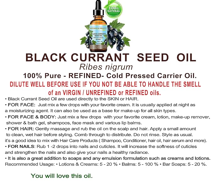BLACK CURRANT SEED OIL 100% Pure Natural Undiluted Refined Cold Pressed Carrier oil. 2 Fl.oz. - 60ml For Face, Skin, Hair, Lip, Nails. Richest in Gamma Linolenic acid, Omega 3 by Botanical Beauty