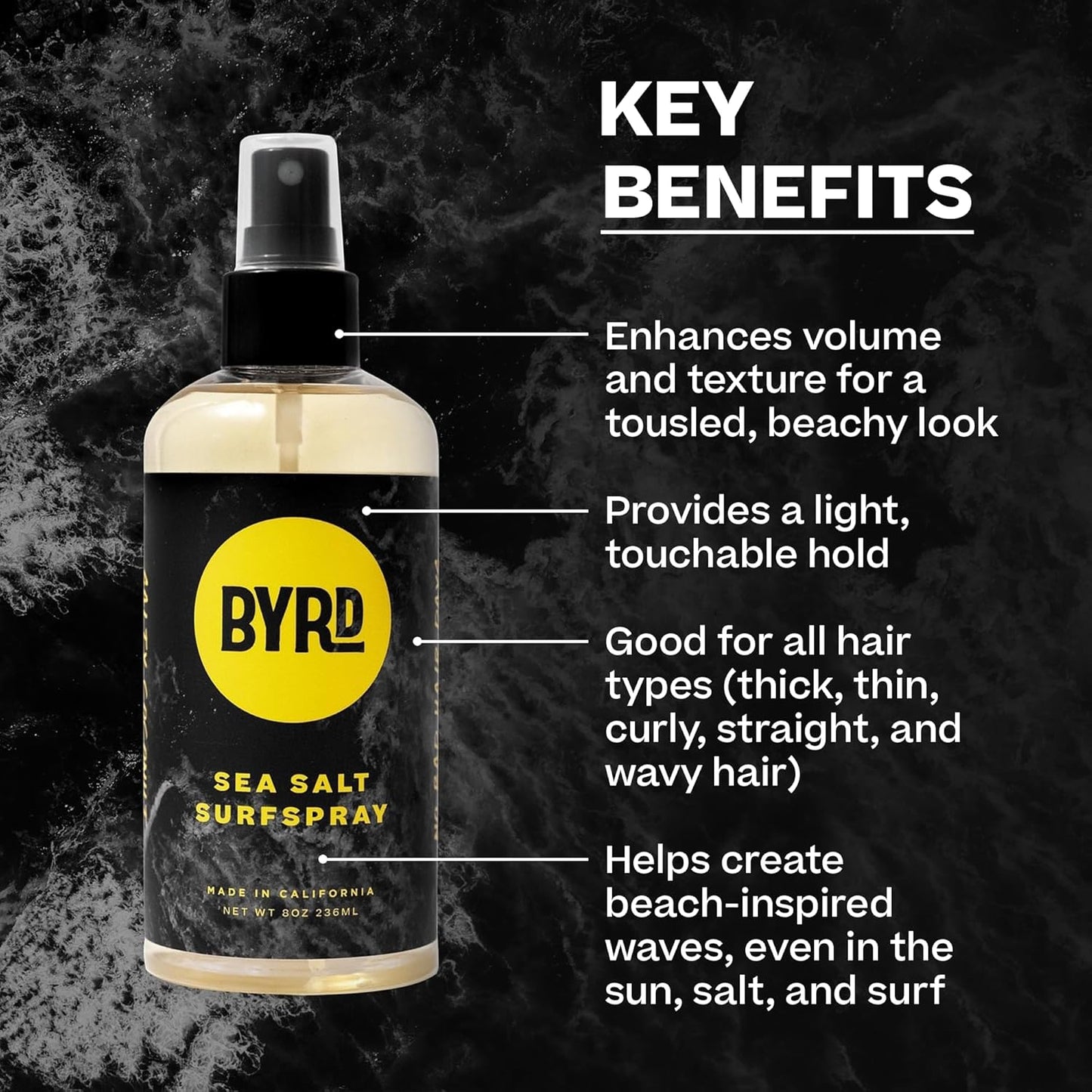 Byrd Sea Salt Surfspray, Salty Coconut Scent, Texturizing and Volumizing Sea Salt Spray for Men for Hydrated, Shiny Surfer Hair, Safe for All Hair Types, 8 Fl Oz, Pack of 4