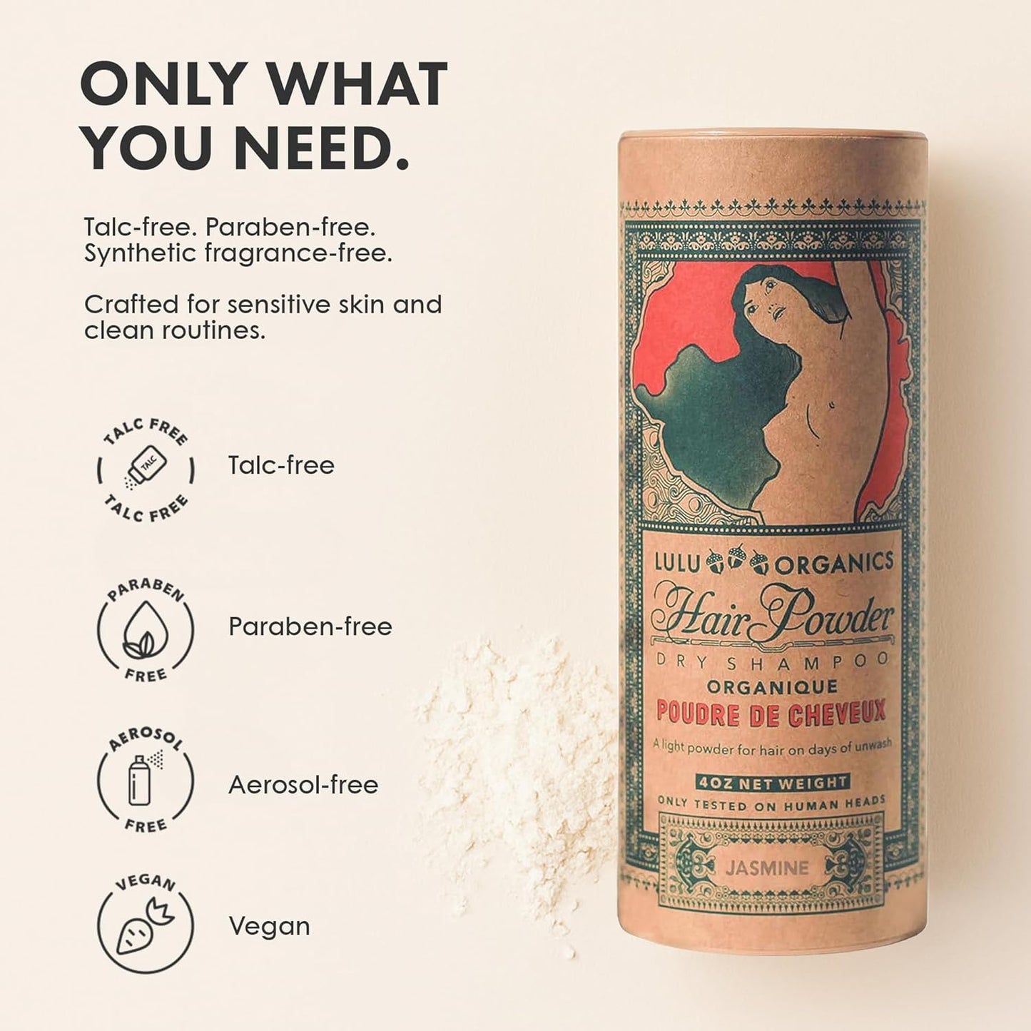 Non-aerosol Dry Shampoo Powder for Dark, Blonde and Oily Hair, All Natural Shampoo Body Powder for Women and Men, Paraben & Talc free No White Cast Synthetic Fragrance, Jasmine - 4oz