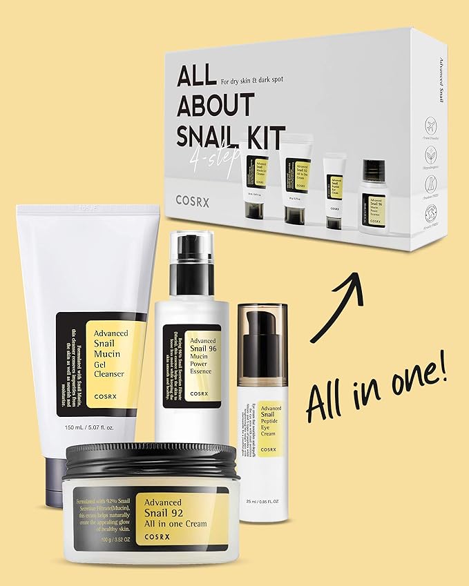 COSRX All About Snail Mucin Korean Skin Care Set, Mini Travel Essentials, Mothers Day Gifts for Mom, Travel Size Gift Set with Snail Mucin Face Wash, Serum, Moisturizer & Eye Cream, Rejuvenating Kit