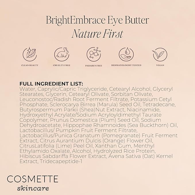 Cosmette Bright Embrace Vitamin B3 Eye Cream, Vegan Under Eye Butter for Protection & Hydration With Marula & Plum Oils, Gentle Serum for Sensitive Skin, Natural Skincare, 0.5 FL Oz