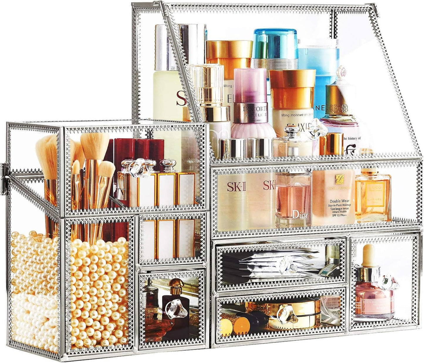 Glass Makeup Organizer for Vanity/Stackable 2Pieces Drawer Set/Antique Countertop Vanity Cosmetic Storage Box Mirror Glass Beauty Display, Holder for Brushes Lipsticks Skincare Toner (Silver)