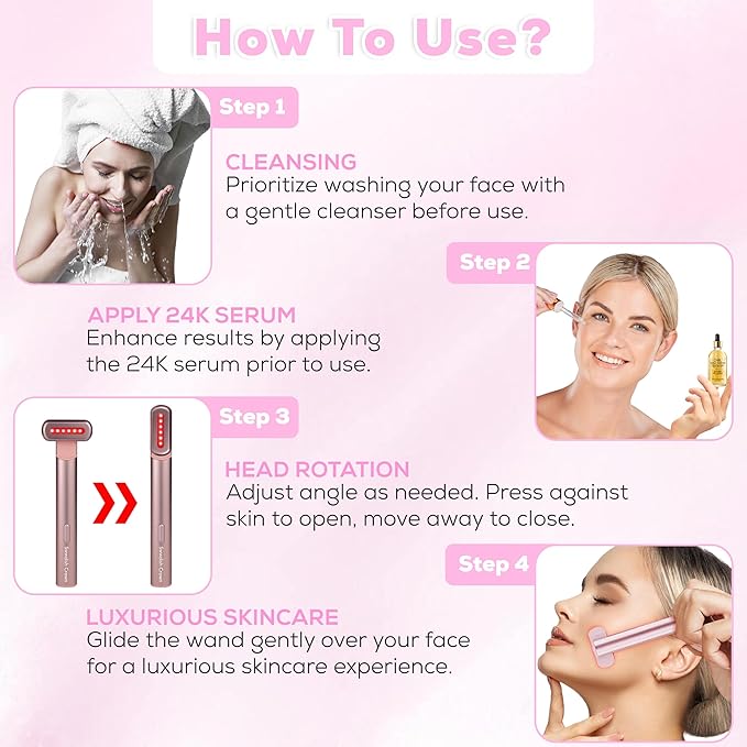 7 Color Multiple Use Beauty Device Magical Facial Wand With 24K Serum, Anti Aging Kit With 24K serum, Facial Wand For Active Skin Tool, Pro Active Formula For Eyes Face And Neck., pink