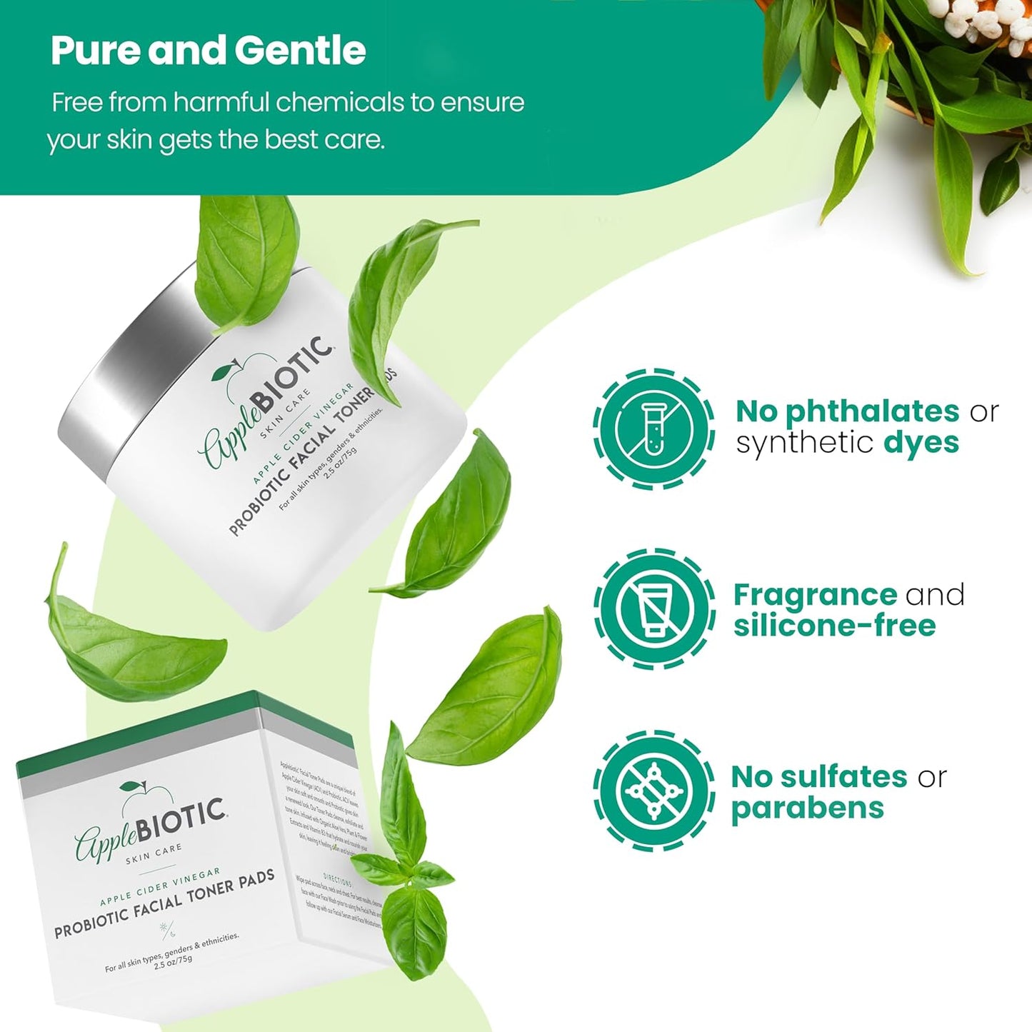 Applebiotic Toner Pads for Face - Exfoliating Face Wipes, for All Skin Types - Apple Cider Vinegar, Green Tea, 60 Pads