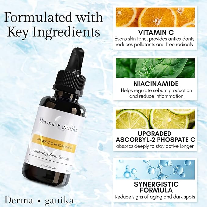 Derma ganika Vitamin C & Niacinamide Serum - Made in USA Brightening & Rejuvenating Face Serum | Boosts Collagen, Evens Skin Tone, and Reduces Dark Spots