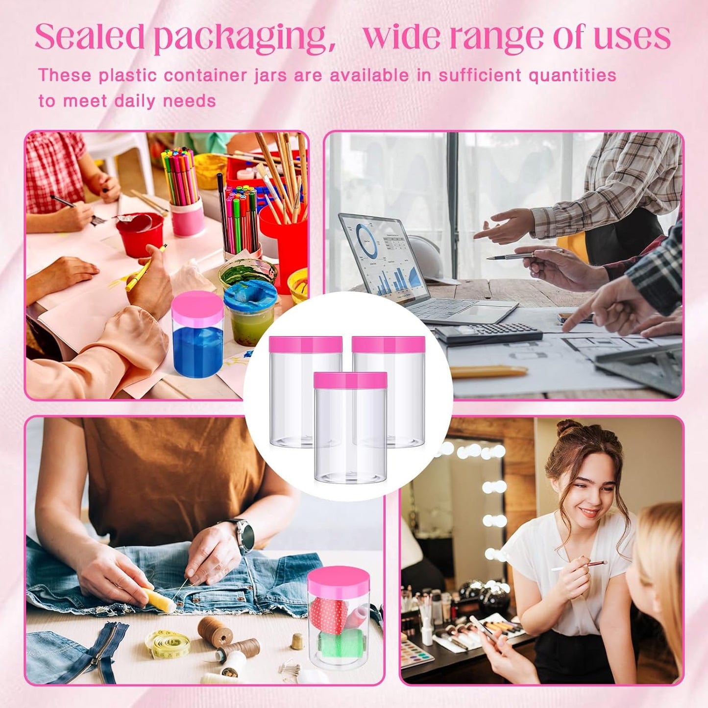 Patelai 4 Pieces Round Wide-mouth Leak Proof Plastic Container Jars with Lids for Travel Storage Makeup Beauty Products Face Creams Oils Salves Ointments DIY Making(10 Ounce,Pink)