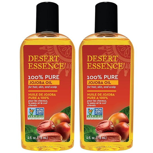 Desert Essence 100% Pure Jojoba Oil - 4 Fl Oz - Pack of 2 - Haircare & Skincare Essential Oil - All Skin Types - No Oily Residue - May Help Prevent Flakiness - Makeup Remover - Aftershave Moisturizer