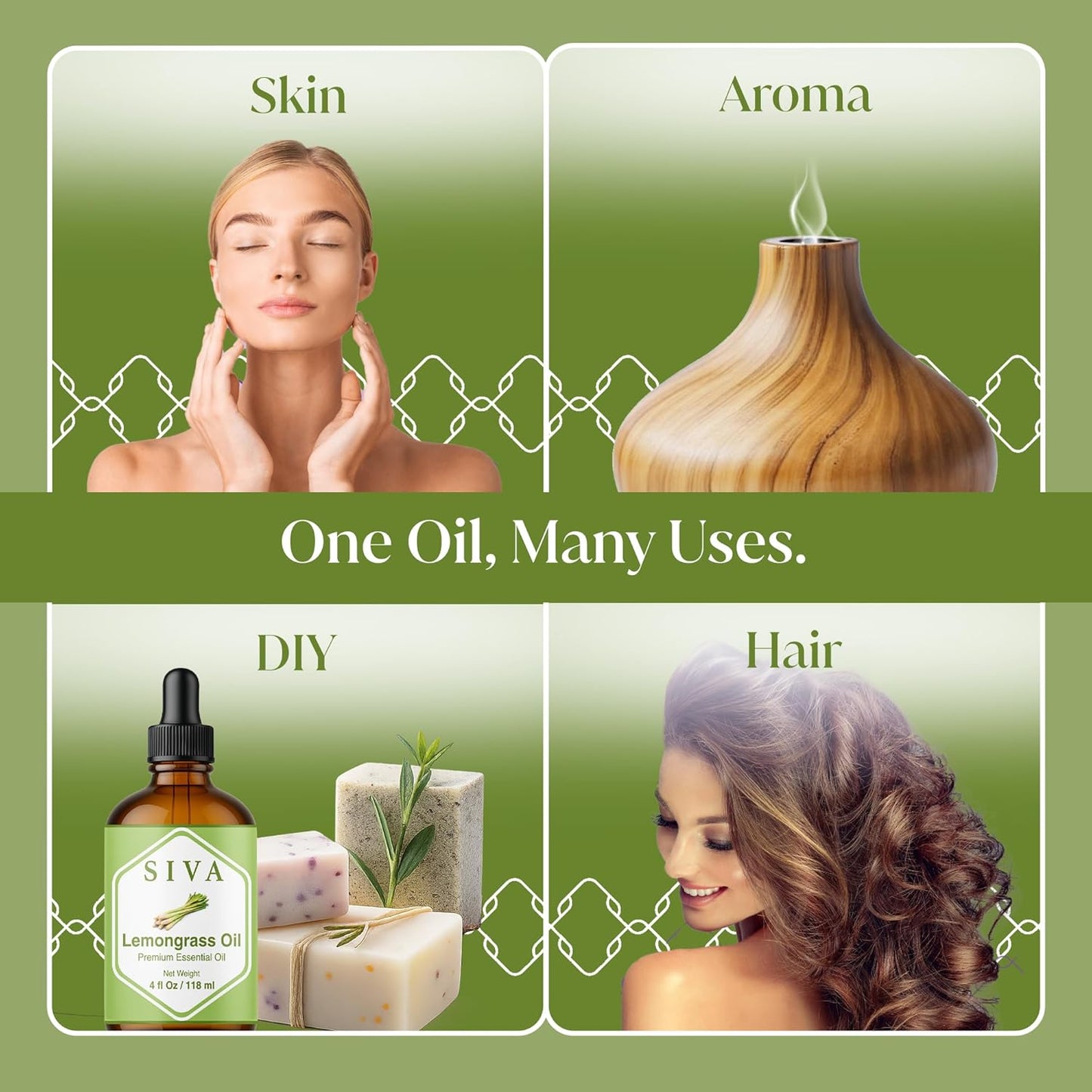 Siva Lemongrass Essential Oil - 4 Fl Oz – 100% Natural Lemongrass Oil - for Diffuser, Face, Skin Care, Aromatherapy, Hair Care, Scalp and Body Massage - with Dropper