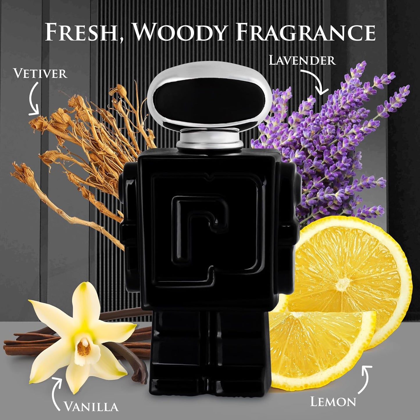 Robot Noir for Men - Fresh Woody Fragrance - Top Notes of Cardamom, Rhubarb, Bergamot & Lemon - base Scents of Vanilla, Tolu Balsam & Haitian Vetiver - Elegant 100ml Bottle, Parfume for Men